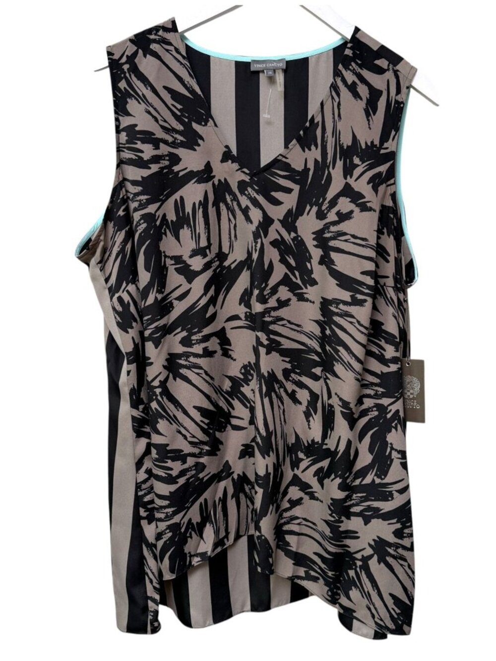 VINCE CAMUTO Blouse Plus Size 2X Black Tan Abstract Stripe Sleeveless Tunic Top